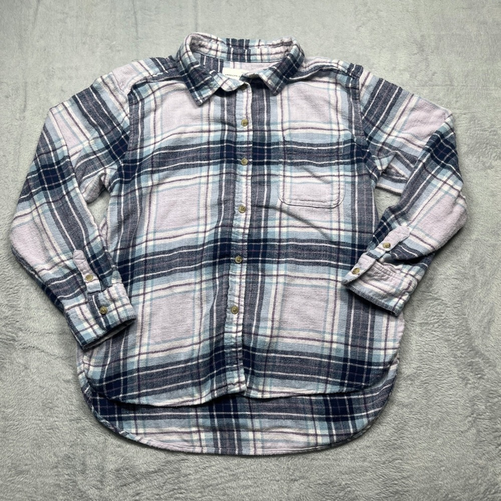 American Eagle Plaid Soft Flannel Shirt Women Blue Boyfriend Fit Size Small